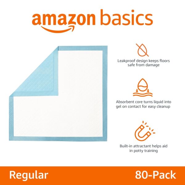 Amazon Basics Heavy Duty Dog and Puppy Pee Pads, 5-Layer Leak-Proof Ultra Absorbent, Quick-Dry Surface, Potty Training, Regular (24x23"), 50 Count, Blue & White