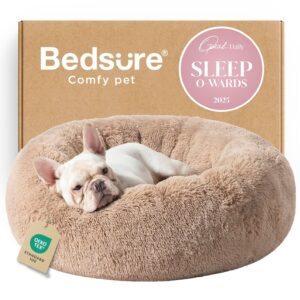 Bedsure Calming Dog Bed Medium Size Dog - Donut Washable Medium Pet Bed, 30 inches Anti-Slip Round Fluffy Plush Faux Fur Cat Bed, Fits up to 45 lbs Pets, Camel