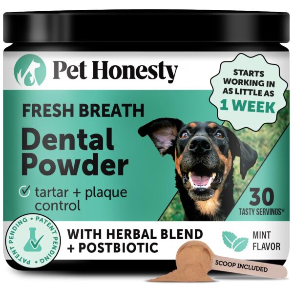 Dog Breath Freshener Dental Powder for Teeth Cleaning Plaque Off, Dental Care for Dogs, Tartar Remover for Teeth with Natural Herbal Blend + Postbiotics (Mint - 30 Servings)
