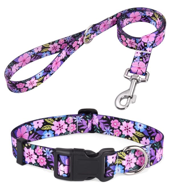 Dog Collar and Leash Set with Bohemia Floral Tribal Geometric Patterns - Soft Ethnic Style Collar Adjustable for Small Medium Large Dogs(Pink Floral Set,S)