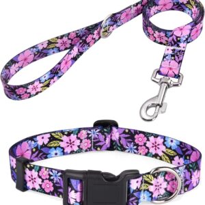 Dog Collar and Leash Set with Bohemia Floral Tribal Geometric Patterns - Soft Ethnic Style Collar Adjustable for Small Medium Large Dogs(Pink Floral Set,S)