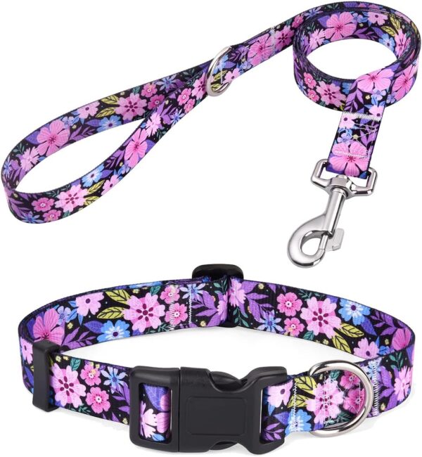 Dog Collar and Leash Set with Bohemia Floral Tribal Geometric Patterns - Soft Ethnic Style Collar Adjustable for Small Medium Large Dogs(Pink Floral Set,S)