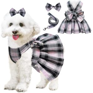 Dog Dress Bowknot Harness Leash Set for Small Dogs Girl Cute Plaid Dog Dress Pearls Bow Tie Spring Summer Princess Clothes Birthday Holiday Doggie Outfits for Puppy Cats Girl...
