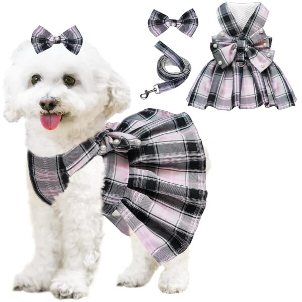 Dog Dress Bowknot Harness Leash Set for Small Dogs Girl Cute Plaid Dog Dress Pearls Bow Tie Spring Summer Princess Clothes Birthday Holiday Doggie Outfits for Puppy Cats Girl...