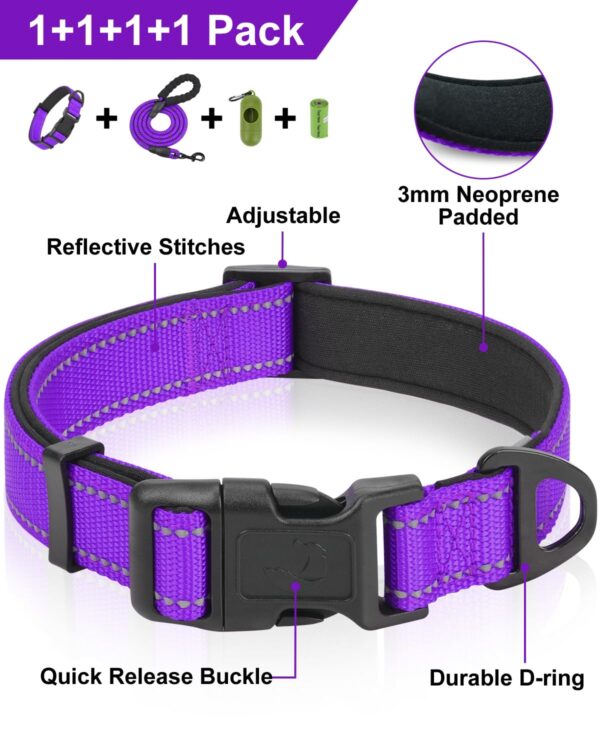 Dynmeow Reflective Dog Collar and Leash Set, 6FT Strong Climbing Rope Leash with Padded Handle, Adjustable Pet Collar with Soft Neoprene Padding for Medium Large Dogs, Purple, M