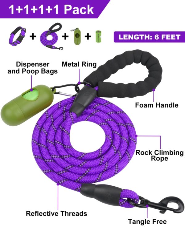 Dynmeow Reflective Dog Collar and Leash Set, 6FT Strong Climbing Rope Leash with Padded Handle, Adjustable Pet Collar with Soft Neoprene Padding for Medium Large Dogs, Purple, M