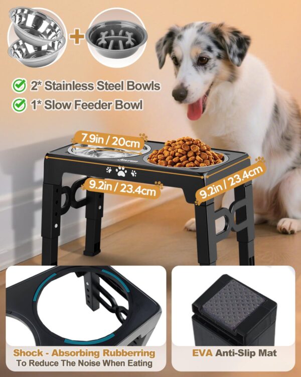 Elevated Dog Bowls, Dog Feeder with 2 Stainless Steel Dishes &1 Slow Feeder Bowl, 5 Heights Adjustable Raised Stand for Medium Large, Food Dishes with Non-Slip Feet