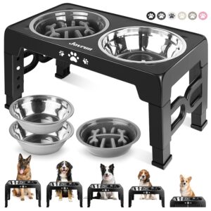 Elevated Dog Bowls, Dog Feeder with 2 Stainless Steel Dishes &1 Slow Feeder Bowl, 5 Heights Adjustable Raised Stand for Medium Large, Food Dishes with Non-Slip Feet