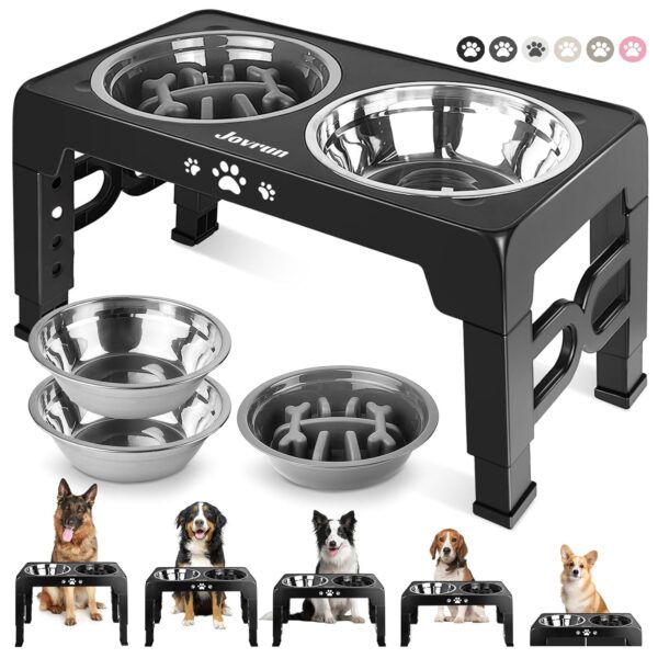 Elevated Dog Bowls, Dog Feeder with 2 Stainless Steel Dishes &1 Slow Feeder Bowl, 5 Heights Adjustable Raised Stand for Medium Large, Food Dishes with Non-Slip Feet