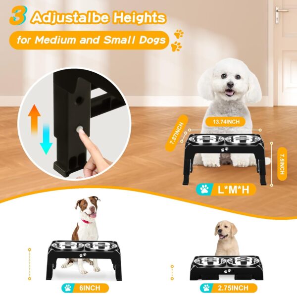 Elevated Dog Bowls for Small Medium Dogs, 3 Height Adjustable Raised Stand with 2 Thick 6" Stainless Steel Food Bowls, Non-Slip Feeder Adjusts to 2.75", 6", 7.5", Black