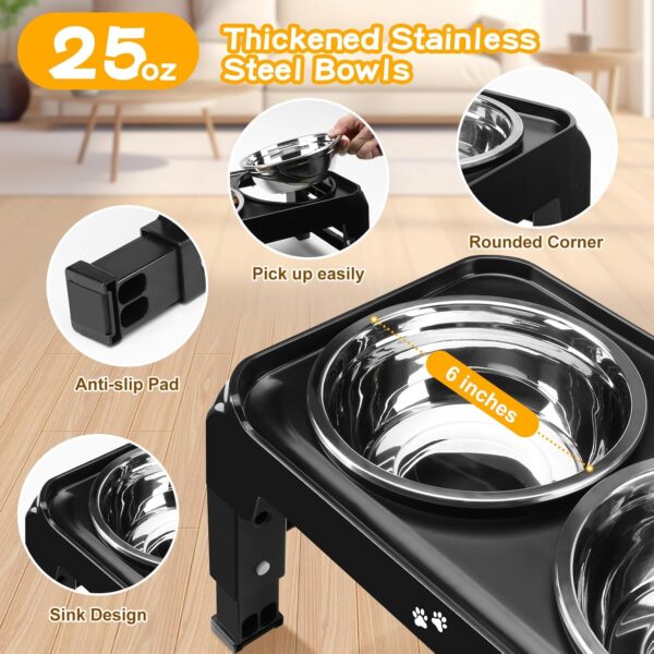 Elevated Dog Bowls for Small Medium Dogs, 3 Height Adjustable Raised Stand with 2 Thick 6" Stainless Steel Food Bowls, Non-Slip Feeder Adjusts to 2.75", 6", 7.5", Black