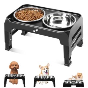 Elevated Dog Bowls for Small Medium Dogs, 3 Height Adjustable Raised Stand with 2 Thick 6" Stainless Steel Food Bowls, Non-Slip Feeder Adjusts to 2.75", 6", 7.5", Black
