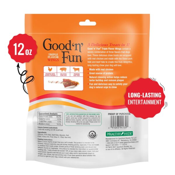 Good ‘n’ Fun Triple Flavor Wings Chews for All Dogs, 12 Ounces, Treat Your Dog to Long-Lasting Chews Made with Chicken, Pork Hide and Beef Hide