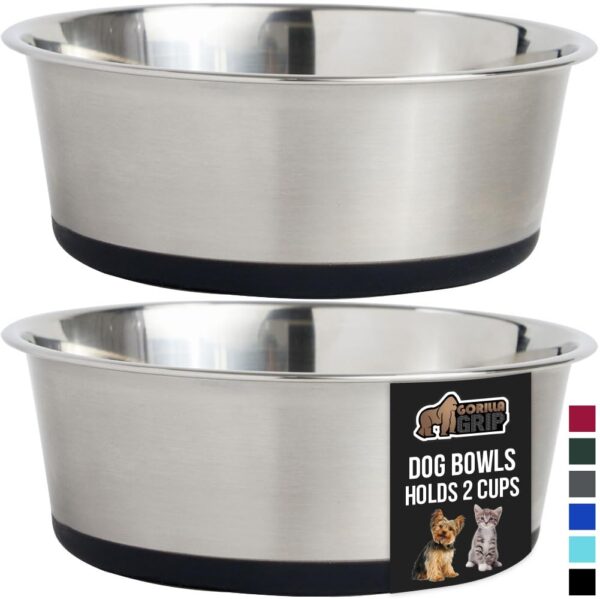 GORILLA GRIP Set of 2 Dog Bowls, Heavy Duty Metal Food and Water Bowl for Feeding Dogs and Cats, Dishwasher Safe, Rust Resistant Stainless Steel, BPA Free Rubber Base, Holds 2...