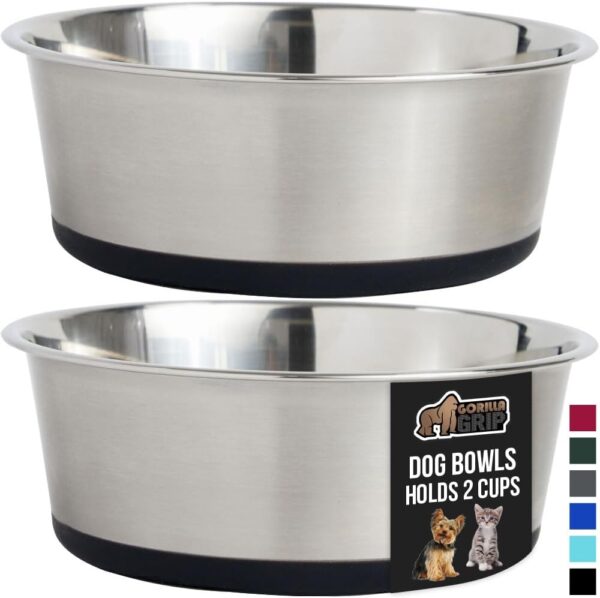 GORILLA GRIP Set of 2 Dog Bowls, Heavy Duty Metal Food and Water Bowl for Feeding Dogs and Cats, Dishwasher Safe, Rust Resistant Stainless Steel, BPA Free Rubber Base, Holds 2...