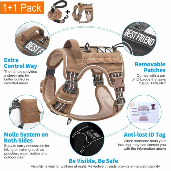 Heavy Duty Tactical Dog Harness for Large Dogs, No Pull Adjustable Pet Harness Reflective Service Training Easy Control Pet Vest Military K9 Working Dog Harnesses- Large, Brown