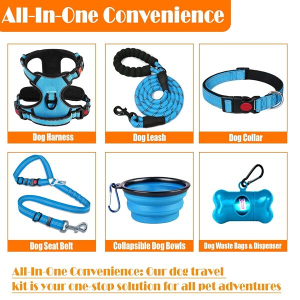 No Pull Dog Harness, Collar & Leash Set | Includes Dog Seat Belt, Collapsible Bowls & Poop Bag Dispenser. Ideal for Training, Walking, Hiking. Fits Small to Large Dogs(Blue-L)