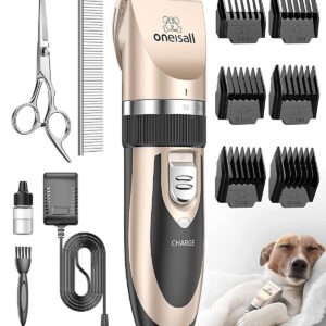 oneisall Dog Clipper Low Noise, Dog Grooming Kit with Rechargeable, Dog Shaver Cordless Electric Quiet Hair Clipper Set for Dog Cats Pets（Gold）