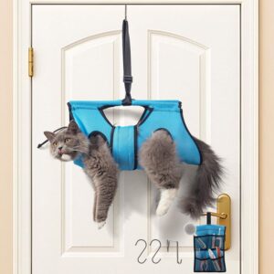 Pet Grooming Hammock with Adjustable Height & Tool Bag â€“ 30 lb Capacity, Door-Hook Hanging, 7001 Aircraft Aluminum Bar, Foldable, Blue