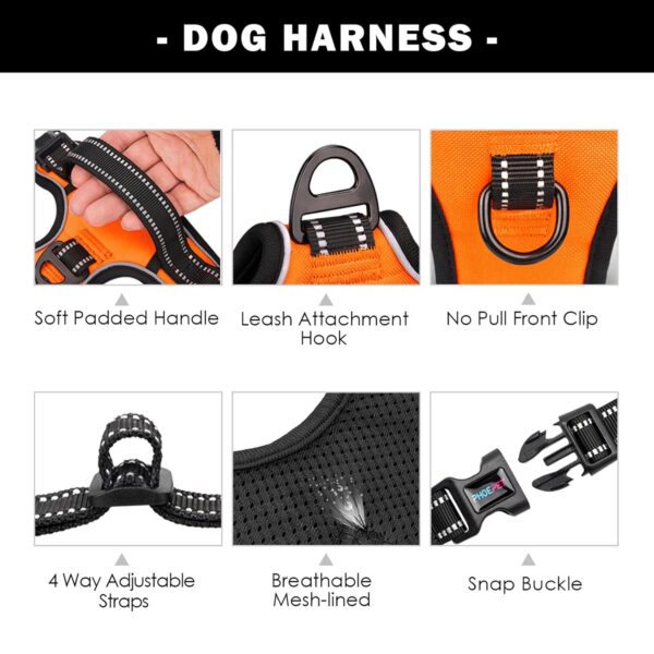 PHOEPET No Pull Dog Harness Medium Reflective Front Clip Vest with Handle,Adjustable 2 Metal Rings 3 Buckles,[Easy to Put on & Take Off](M, Orange)