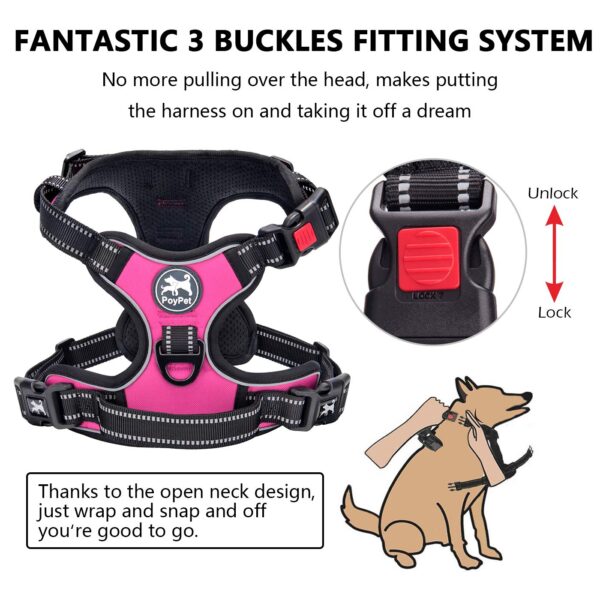 PoyPet No Pull Dog Harness, No Choke Front Lead Dog Reflective Harness, Adjustable Soft Padded Pet Vest with Easy Control Handle for Small to Large Dogs(Pink, Medium)