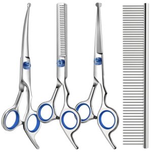 Professional 4 in 1 Dog Grooming Scissors Kit with Safety Round Tips,Sharp & Durable,Dog Shears for Grooming - Includes Straight, Curved, Thinning Scissors and Comb - Premium...