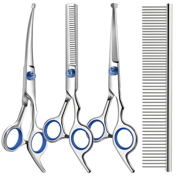 Professional 4 in 1 Dog Grooming Scissors Kit with Safety Round Tips,Sharp & Durable,Dog Shears for Grooming - Includes Straight, Curved, Thinning Scissors and Comb - Premium...