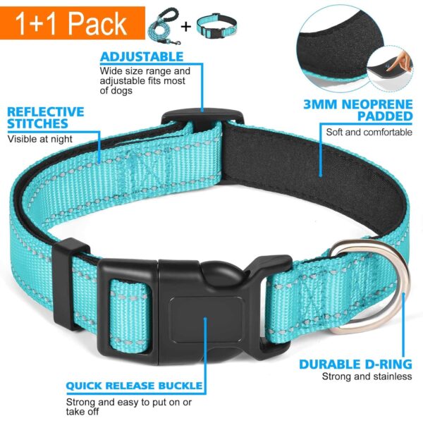 Reflective Dog Collar Padded with Soft Neoprene Breathable Adjustable Nylon Dog Collars for Small Medium Large Dogs (Medium (Pack of 1), Blue Collar+Leash)