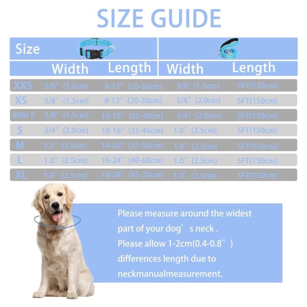 Reflective Dog Collar with Safety Locking Buckle, Adjustable Soft Breathable Nylon Collars for Small, Medium and Large Dogs(Collar+Leash XS Width 5/8" Sky Blue)