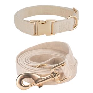 Soft Corduroy Dog Collar and Leash Set Adjustable Durable Wedding Dog Collars with Metal Buckle and Lead for Small Dogs,Beige