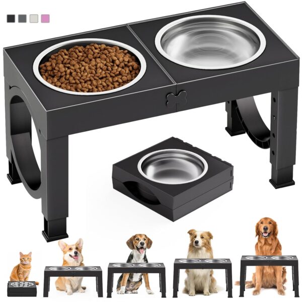 XIAZ Elevated Dog Bowls Large Breed Raised Dogs Bowl Stand Large/Medium Sized Dog 1L Food Water Bowl Stands 5 Heights Adjustable 9/11/12/14in Black Pet Feeder Dish Station