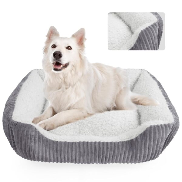 YUNIQUE Large Dog Bed - Plush Corduroy, Anti-Slip Bottom, Soft and Cozy for Dogs (Beige, Large)